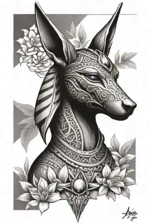 Female Egyptian Anubis God Surrounded By Frangipani And Island Patterns