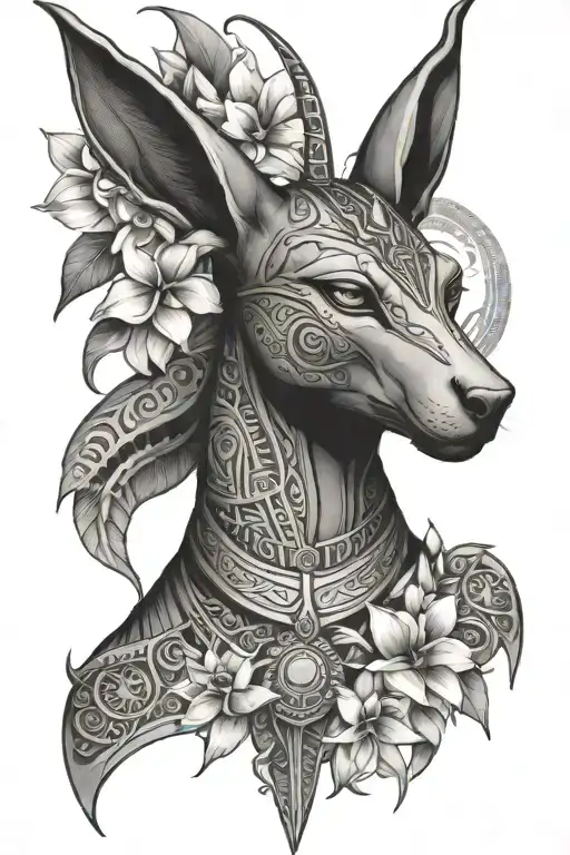 Female Egyptian Anubis Full Body Surrounded By Frangipani And Island Patterns