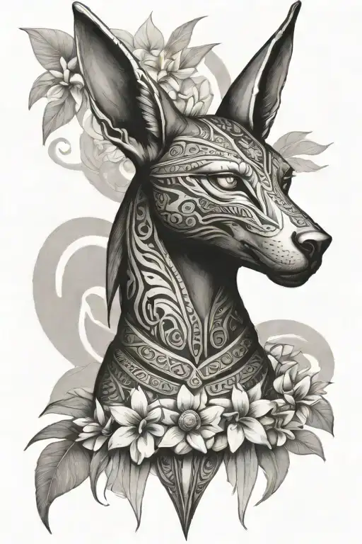 Female Egyptian Anubis Full Body Surrounded By Frangipani And Island Patterns