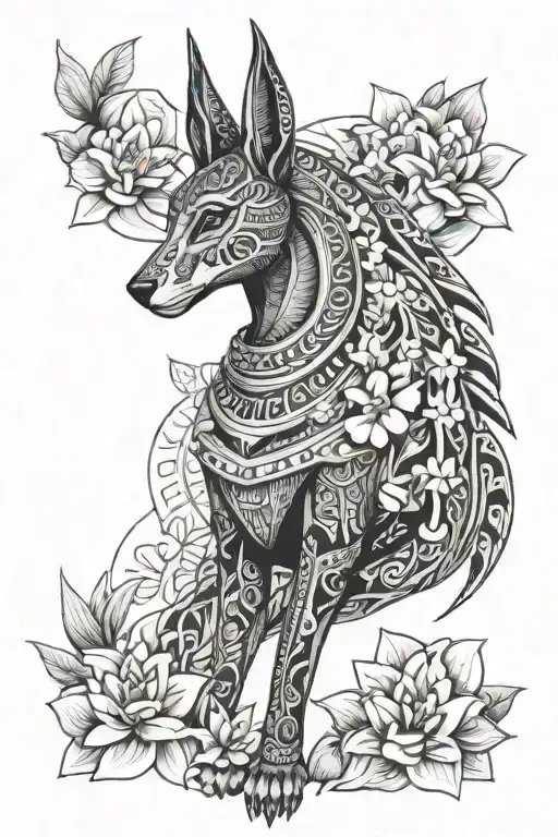 Female Egyptian Anubis Full Body Surrounded By Frangipani And Island Patterns