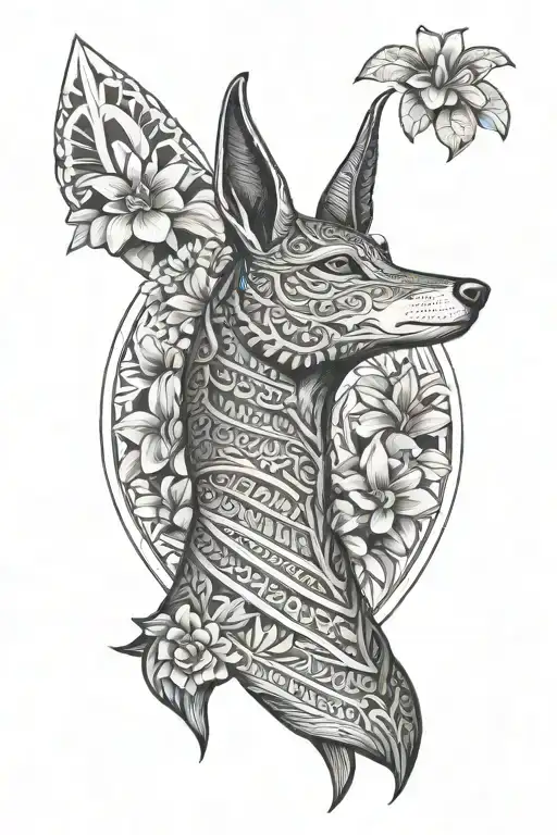 Female Egyptian Anubis Full Body Surrounded By Frangipani And Island Patterns