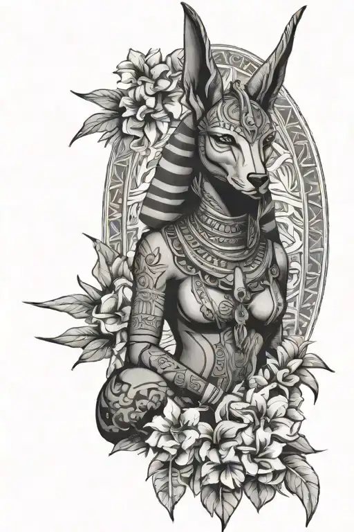Female Egyptian Anubis Full Body Surrounded By Frangipani And Island Patterns