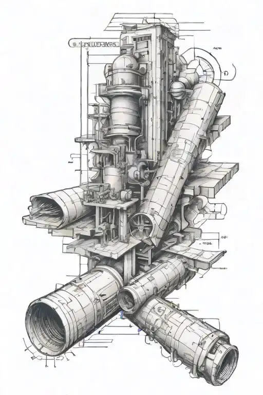 A Tattoo Of An Engineer's Blueprint With Hidden Hiking Trails And Book Pages