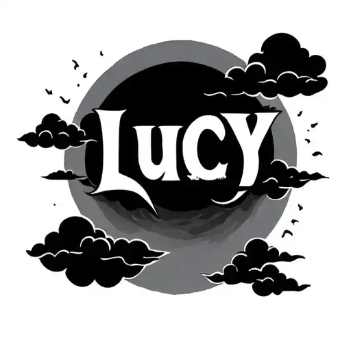 The Word Lucy Tattoo With Black Clouds And A Sun Around It