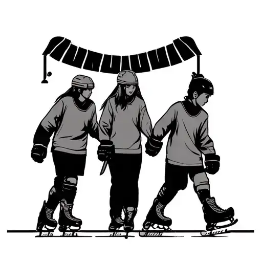 Ice Hockey Father Mother Older Daughter And Younger Son Walking With Skates To Outdoor Rink
