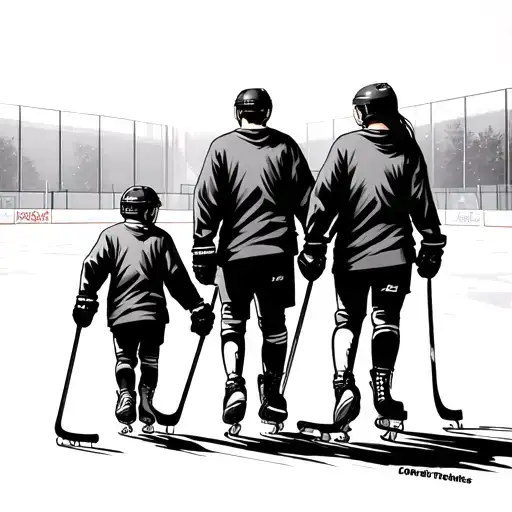 Ice Hockey Father Mother Older Daughter And Younger Son Walking With Skates To Outdoor Rink