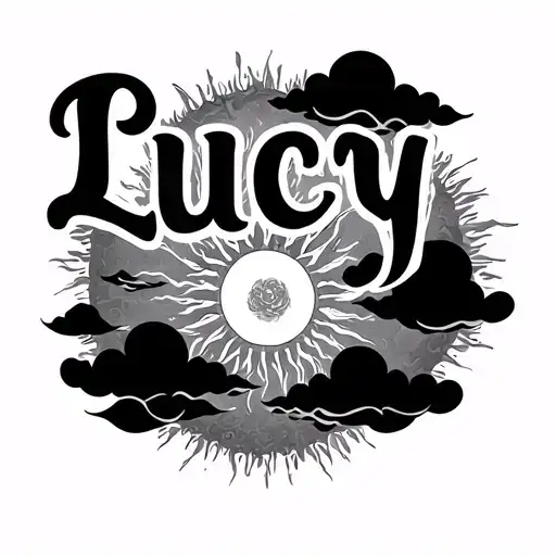 Word Lucy Tattoo With Black Clouds And A Sun Around It