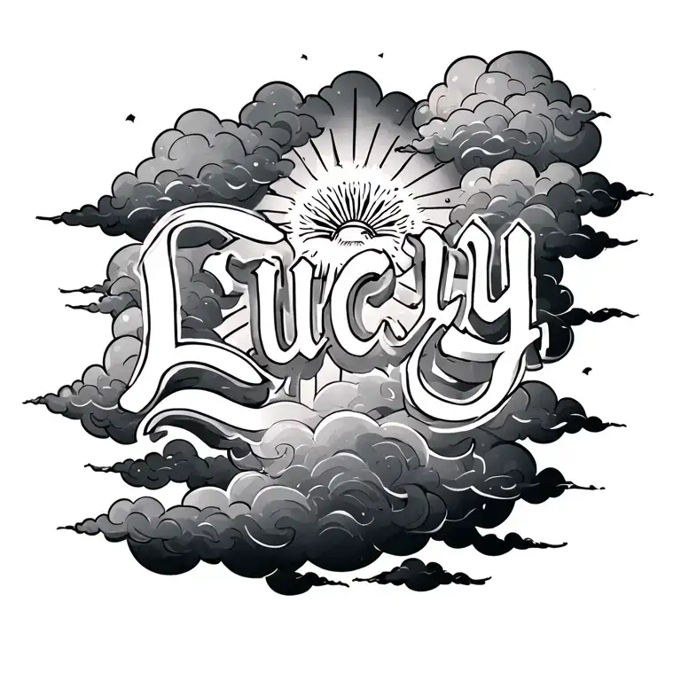 Word Lucy Tattoo With Black Clouds And A Sun Around It
