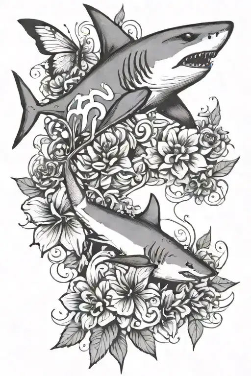 Shark Outline And Flower And Butterfly
