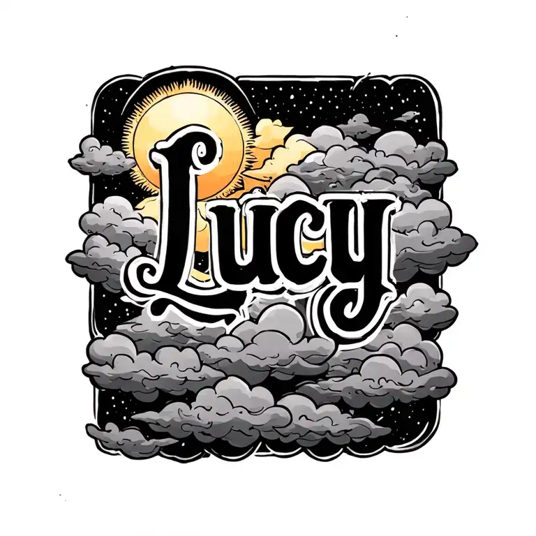 Word Lucy Tattoo With Black Clouds And A Sun Around It