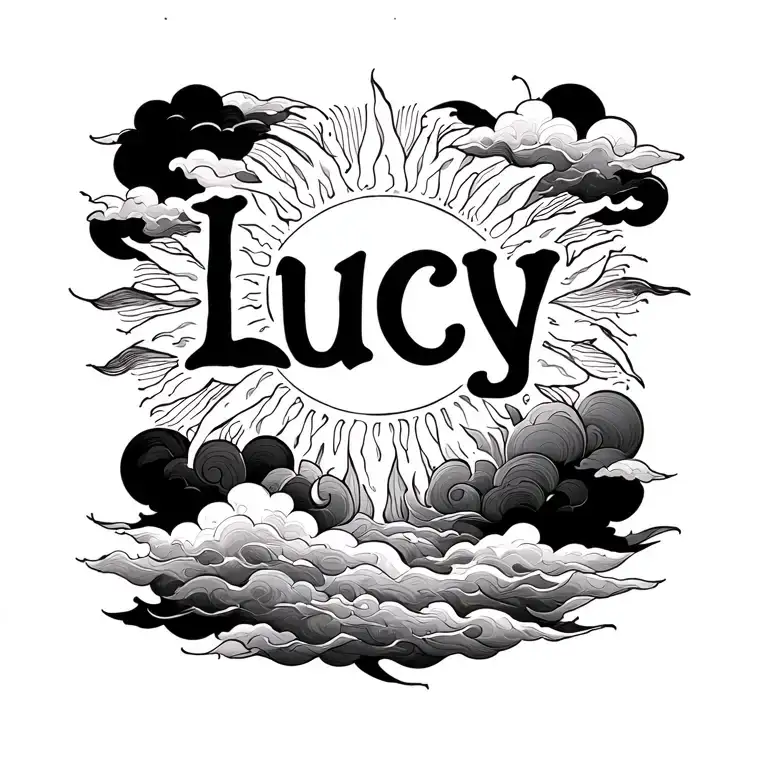 Word Lucy Tattoo With Black Clouds And A Sun Around It