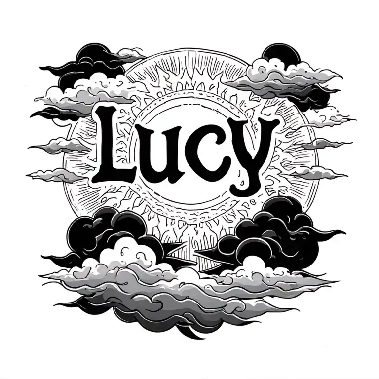 Word Lucy Tattoo With Black Clouds And A Sun Around It