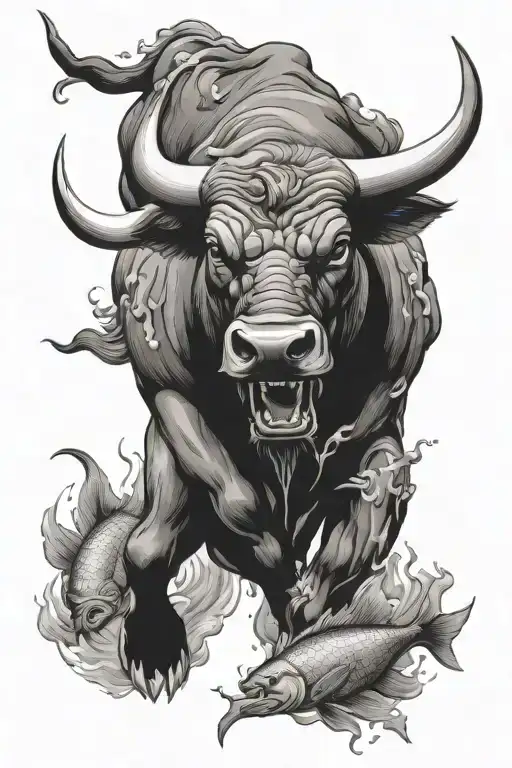 Angry Bull With Fish Swimming Upstream