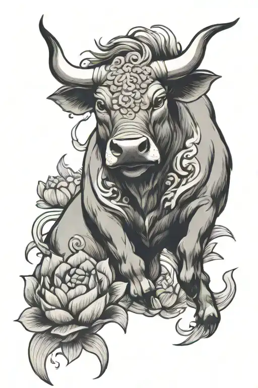 Angry Bull With Lotus Flower Intertwined