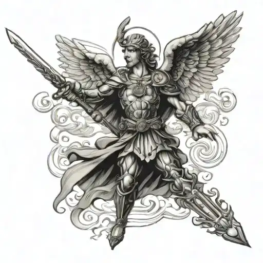 Saint Michael Standing Over Open Water Landscape With Sword In One Hand And Rosary Beads In Another