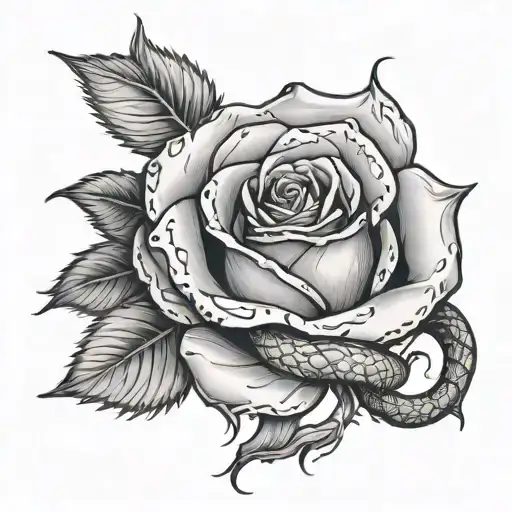 Single Rose With Thorns Down The Stem With A Snake Wrapped Around It