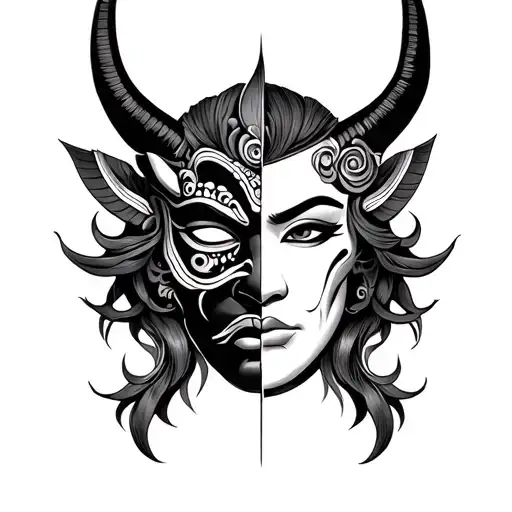 Neo Traditional Oni Mask Half Face With Hafl Female Face