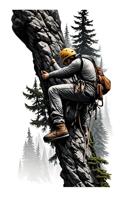 Rock Climber In A Mountain Scene With Forrest