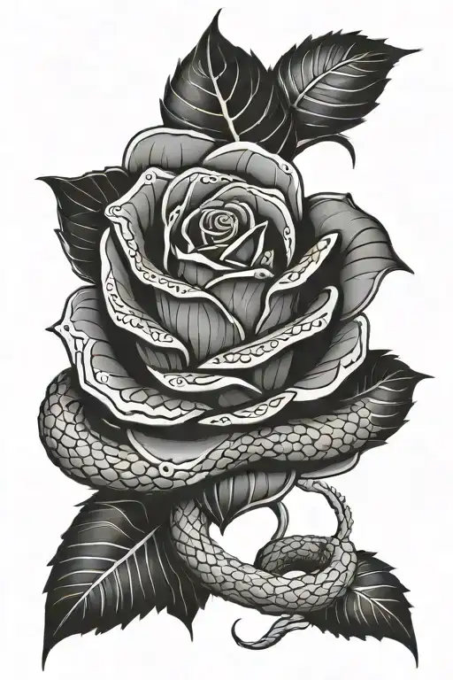 Rose With Thorns On Stem And A Snake Wrapped Around Stem