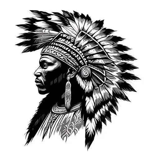 African Warrior With Native American Headress Pattern Incorporating Tattoo No Face