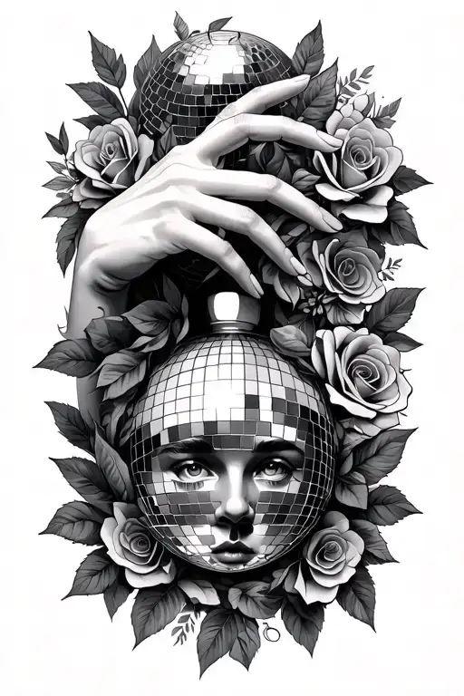 Da Vinci Type Face With Fingers Touching And A Disco Ball With Leaves And Roses