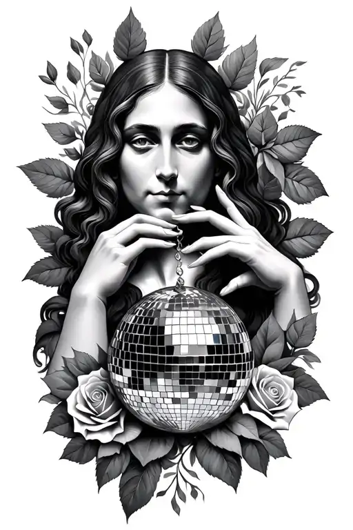 Da Vinci Type Face With Fingers Touching And A Disco Ball With Leaves And Roses