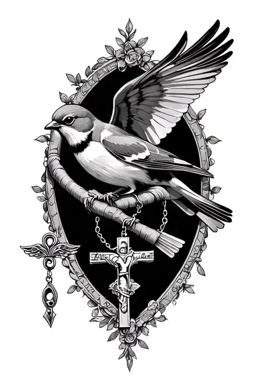 Rosary Wrapped And Sparrow Flying