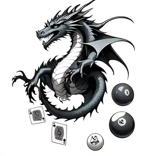 Dragon And Play Cards And Pool Balls