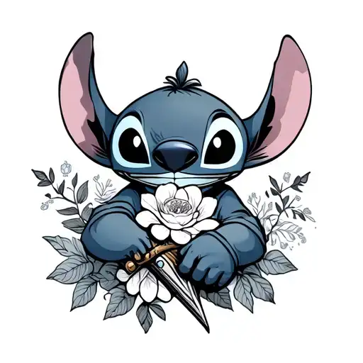 Stitch Holding Sword And Flowers