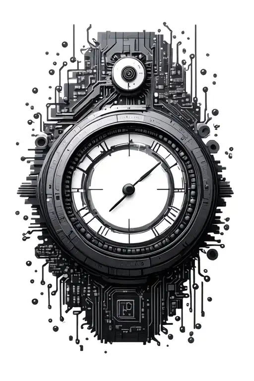 Highly Detailed Digital Time Display 3D Rounded Body Around Many Electric Circuits And Processors