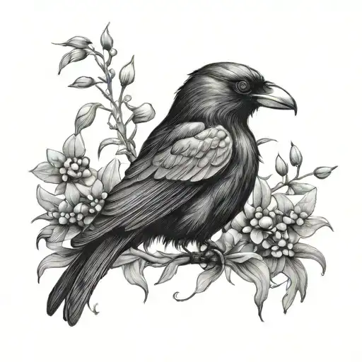 A Dark And Scary Portrate Of Lilly Of The Valley And Aster And A Raven Perched