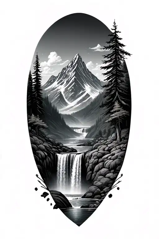 Mountain And Waterfall Surrounded By Lush Greenery