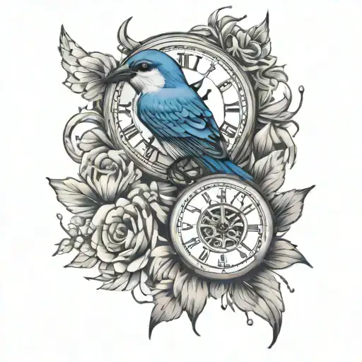 Blue Martin Bird With Flowers And Stop Watch
