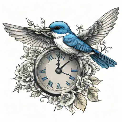 Blue Martin Bird And Hummingbird With Flowers And Stop Watch