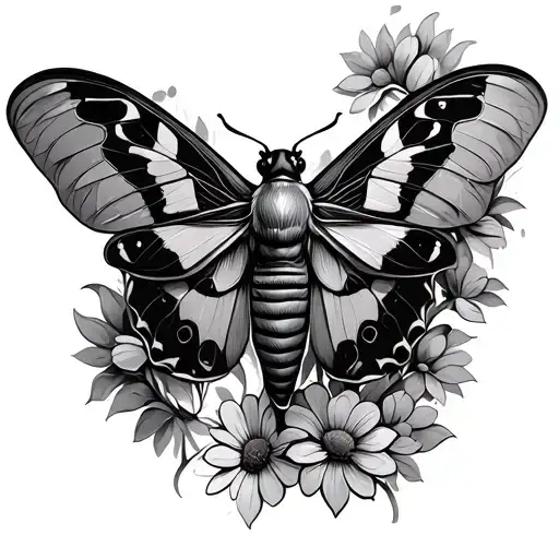 Abstract Moth With Flowers Instead Of Wings On The Right Side