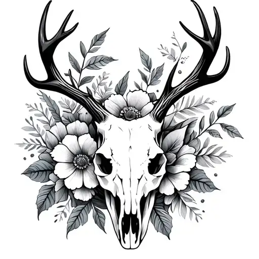 Deer Skull Surrounded With Flowers And Leaves