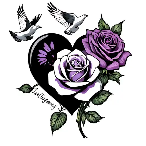 Longlivemygranny With Rose On The Right Side Purple Heart On The Left Side With Doves Flying Around
