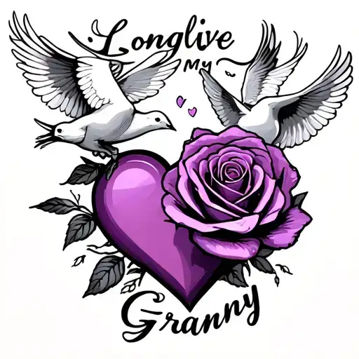 Longlivemygranny With Rose On The Right Side Purple Heart On The Left Side With Doves Flying Around