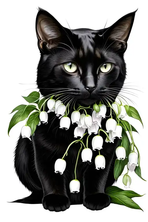 Black Female Cat With Lily Of The Valley