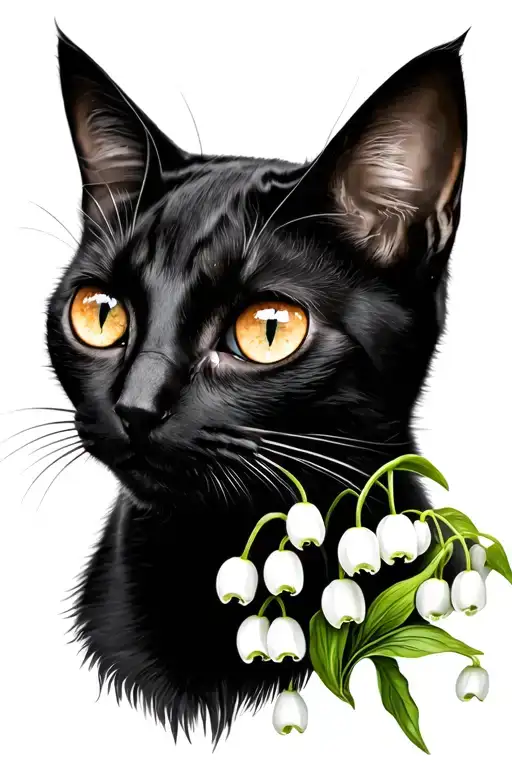 Black Female Cat Brown Eyes With Lily Of The Valley
