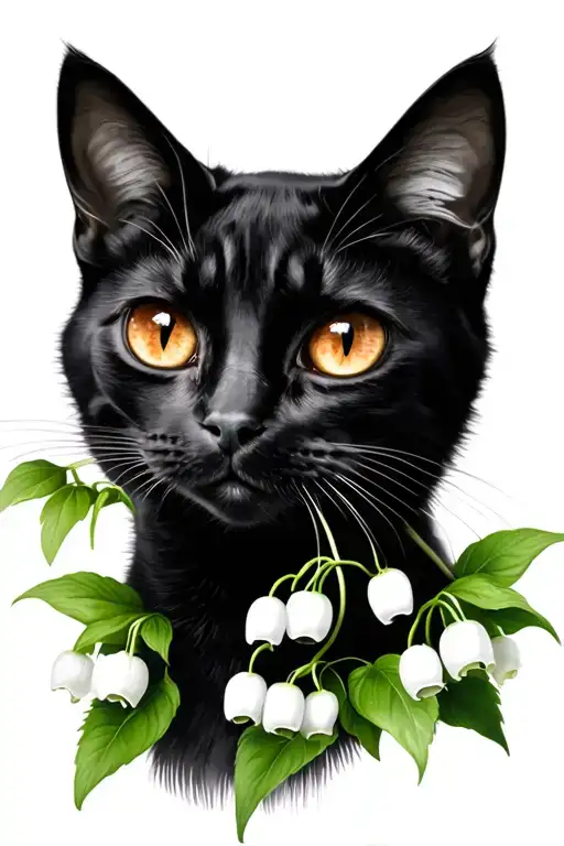 Black Female Cat Brown Eyes With Lily Of The Valley