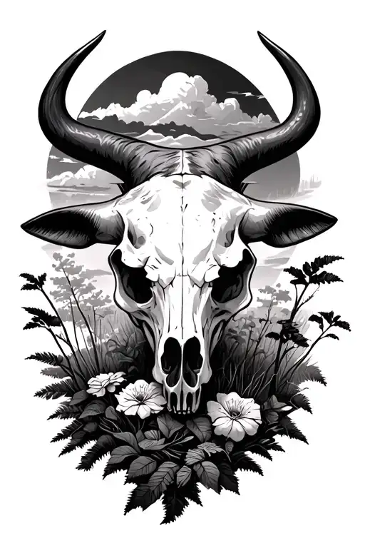 Bulls Skull Surrounded By Nature Scene