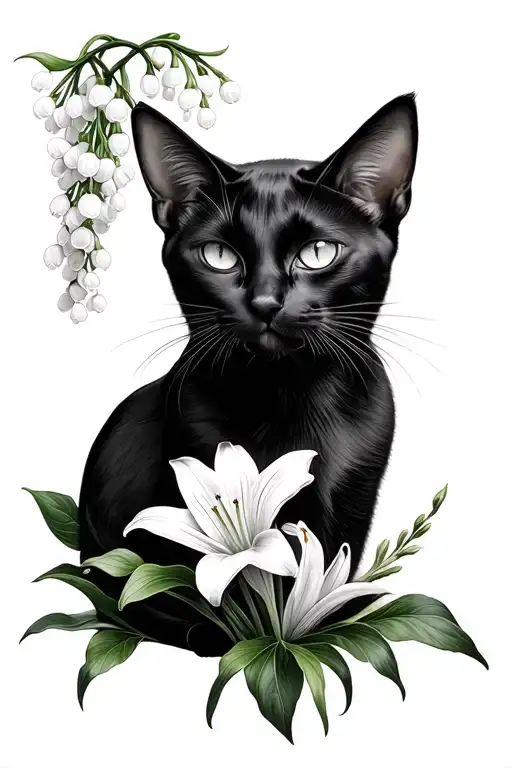 Black Cat With Lily Of The Valley Flower