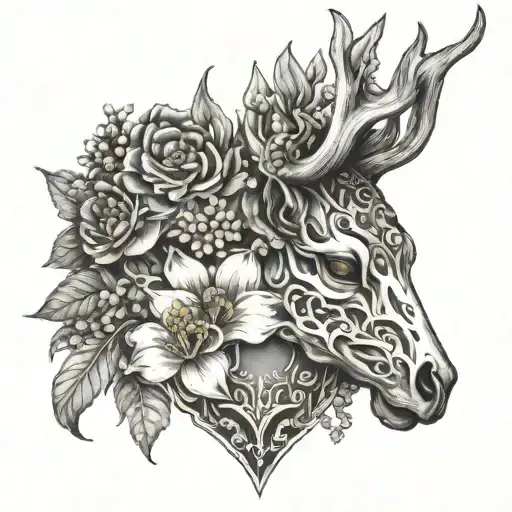 Lilly Of The Valley And Aster On Deer Scull Attached To Human Heart