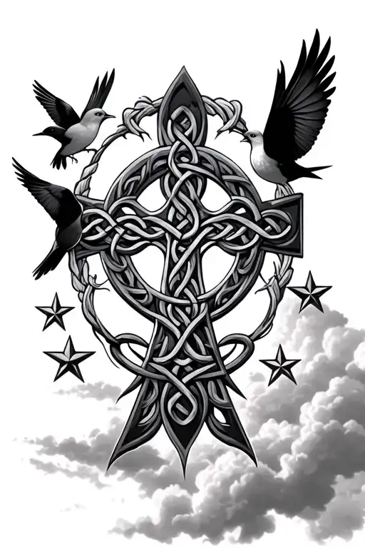 Celtic Cross Surrounded By 6 Birds And 3 Stars With A Shaded Clouded Background