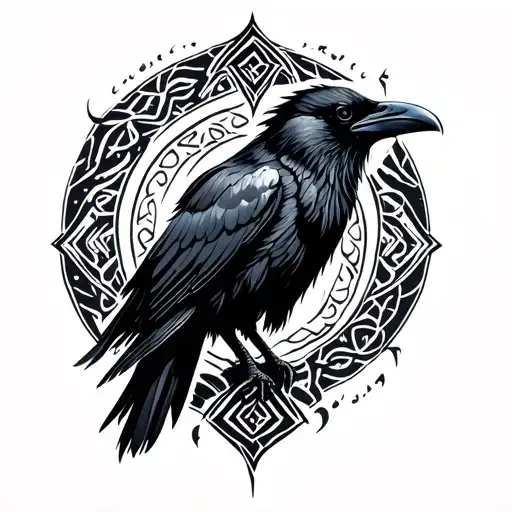 Raven Over Yggdrasill With Scandinavian Patterns Inspired