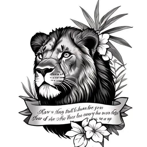 Lioness With Hawaiian Tribal Surrounding It With A Scripture Tied Into It Leg Piece