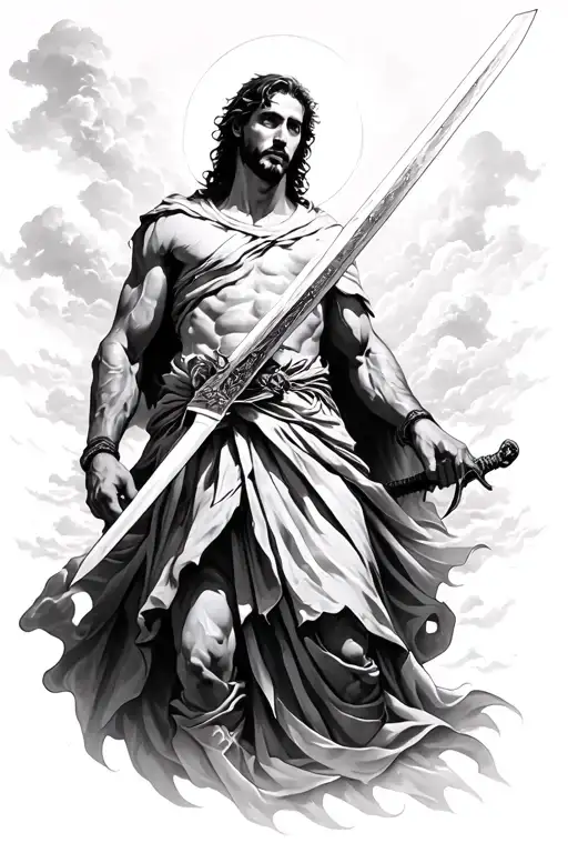 Gabriel With Sword Striking Down From The Sky