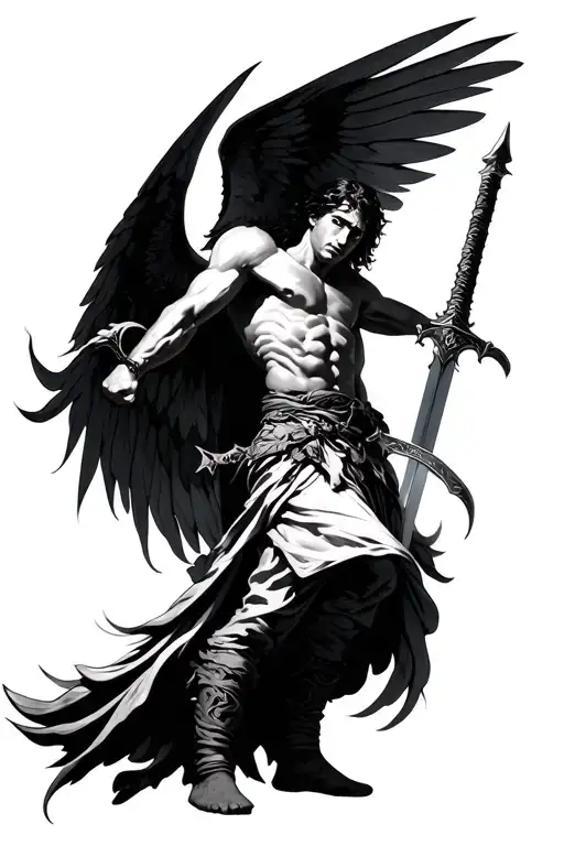 Gabriel With Sword Striking Down From The Sky And With Wings