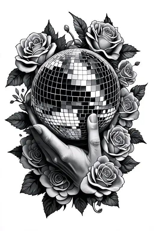 Da Vincis Adam Fingers Touching A Disco Ball And Surrounded With Rose Flowers And Leaves In
